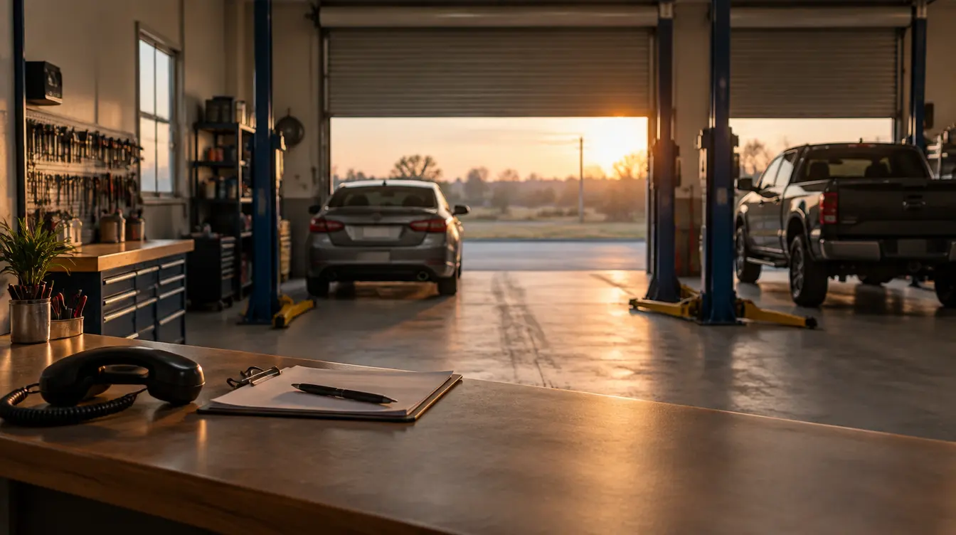 An empty two-bay auto repair shop at sunrise, a phone handset and clipboard on the front counter