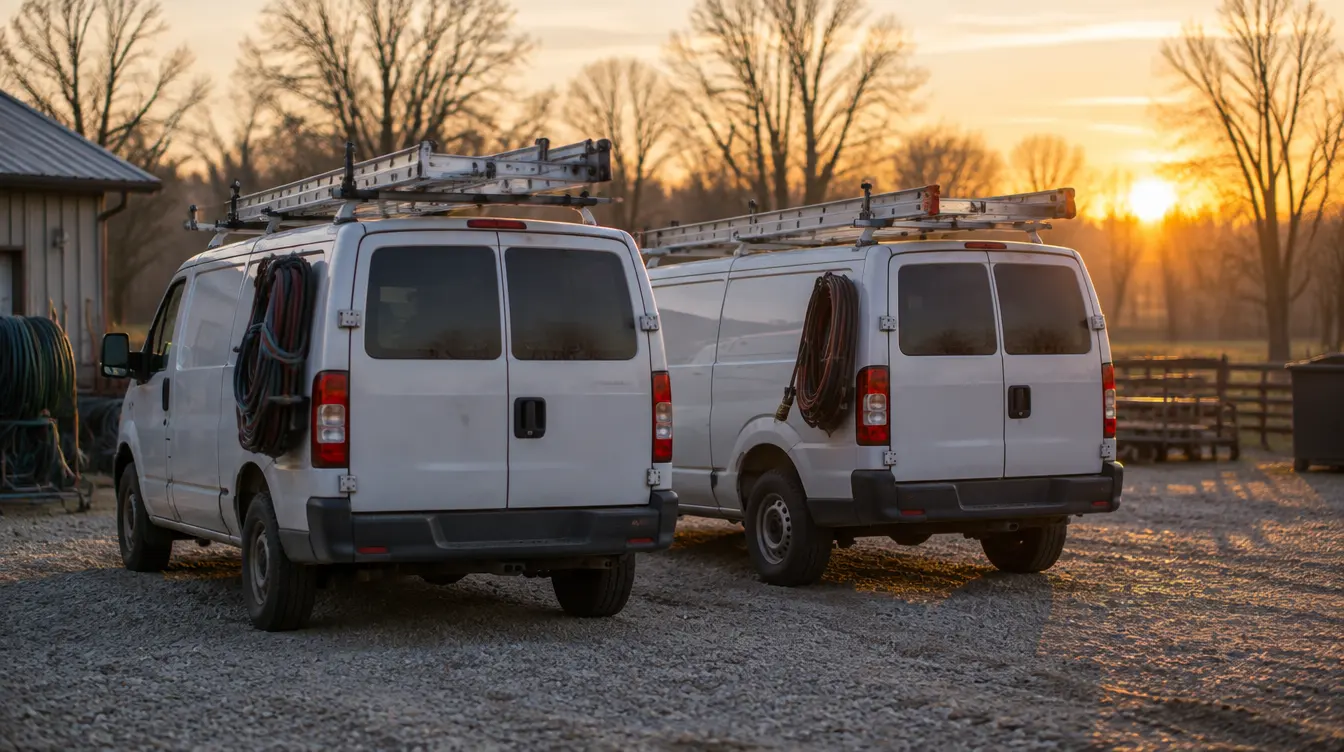 Two white service vans parked in a gravel yard at sunrise