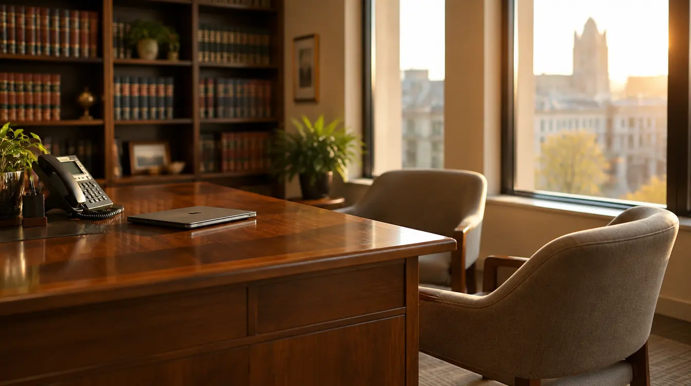 A small law office at early morning, a desk phone and closed laptop on a wooden desk, warm light through tall windows