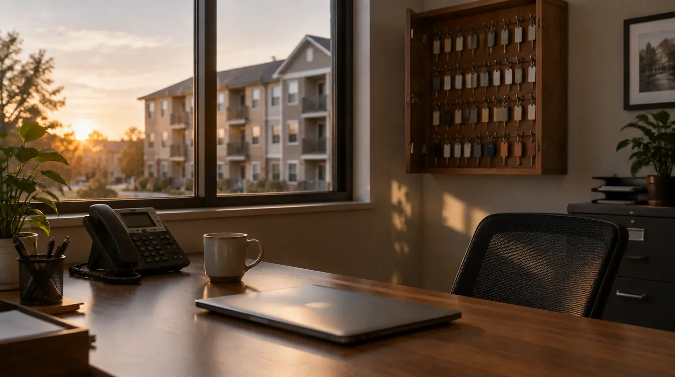 An empty property management office at sunrise, a desk phone and closed laptop on the desk, an apartment building visible through the window