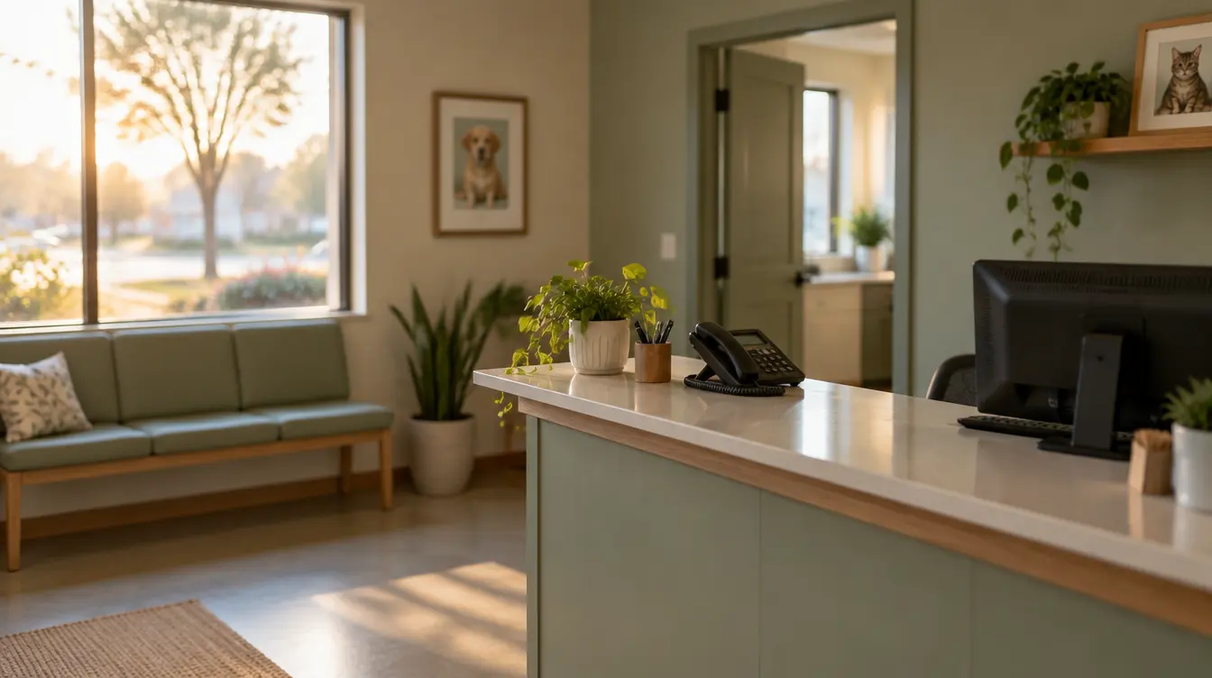 A quiet veterinary clinic reception at early morning, a phone on the front desk, empty waiting bench by the window
