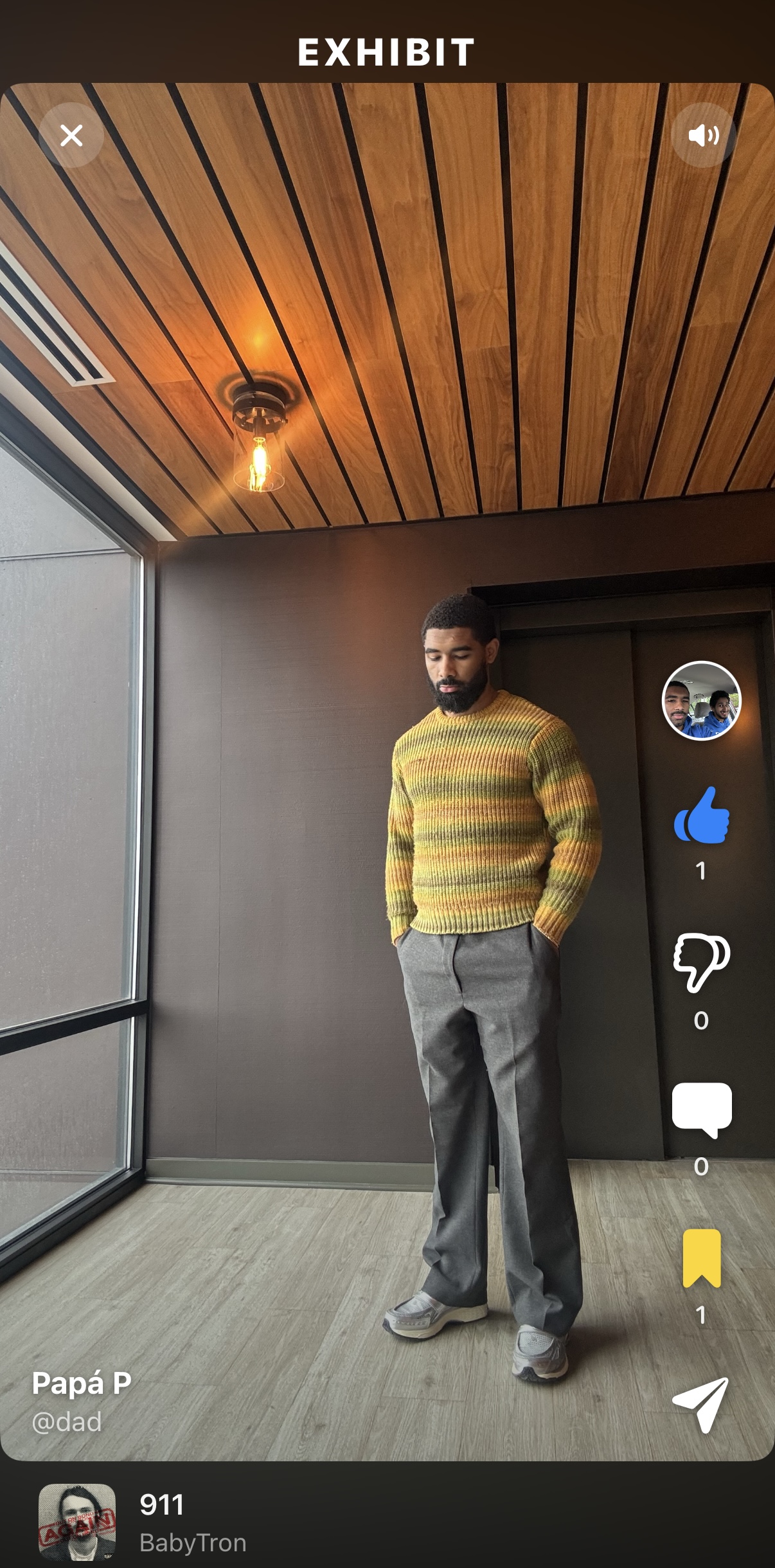 Exhibit app fullscreen fit check view with outfit ratings, upvotes, and music